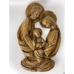 Vintage 1968 Columbia Statuary Holy Family Gold ChalkWare Wall Plaque from Italy